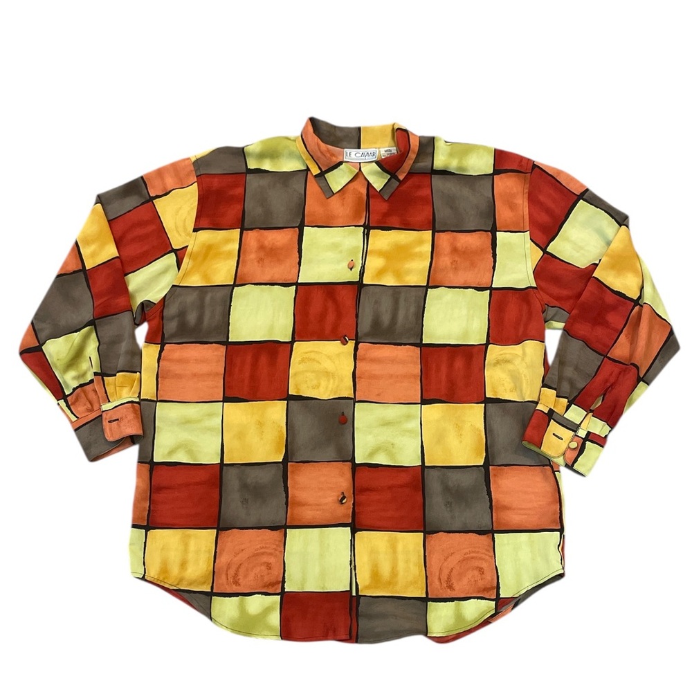 Vintage Le Caviar Blouse Button Down Colorblock Fall Size Large